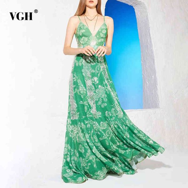 

vgh green patchwork lace sling dress for women v neck sleeveless high waist maxi elegant dresses female fashion new summer 210421, Black;gray