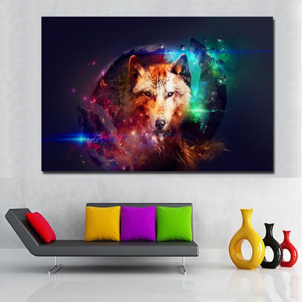 Wolf und bunter Himmel Leinwand-Malerei, Kunstdrucke, Poster, modernes Ölgemälde, Tierbilder, gedruckt auf Leinwand, Wanddekoration