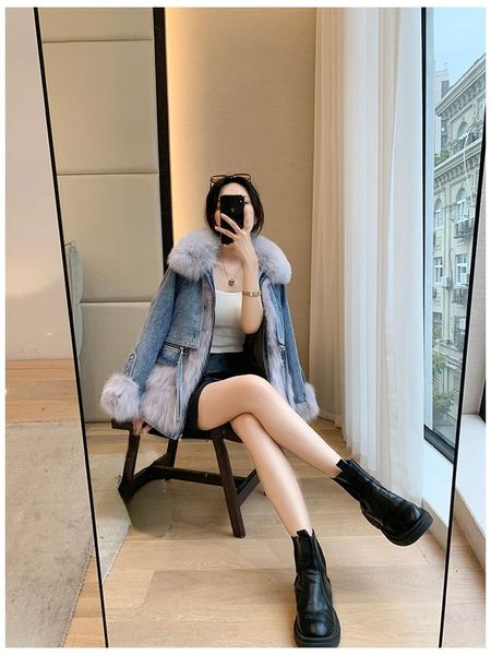 

women's fur & faux menina bonita 2021 parka 90% white duck down liner winter denim jacket women coat real natural collar warm outerwear, Black