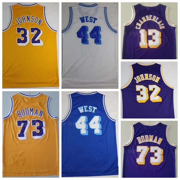 

men vintage basketball retro dennis rodman jersey 73 jerry west 44 wilt chamberlain 13 johnson 32 yellow purple white blue sports, Black;red