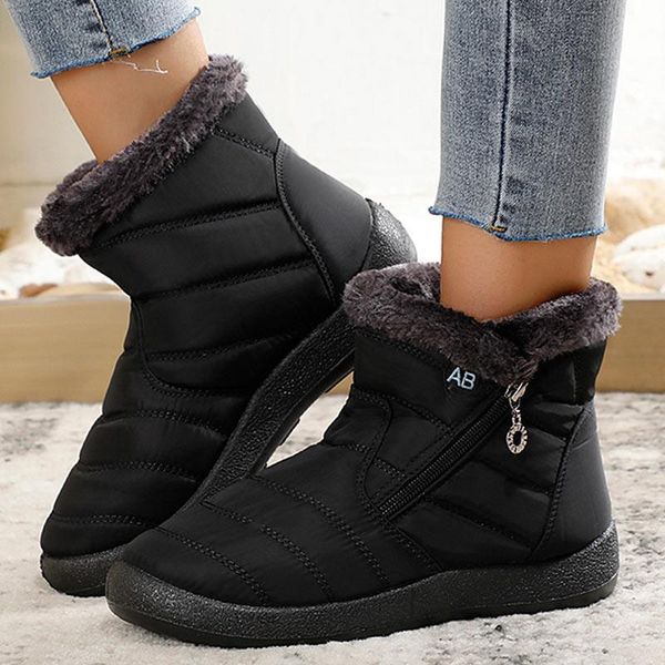 

ankle boots winter snow ladies waterproof short botas plush warm flats shoes women black zipper bottes femme fp76