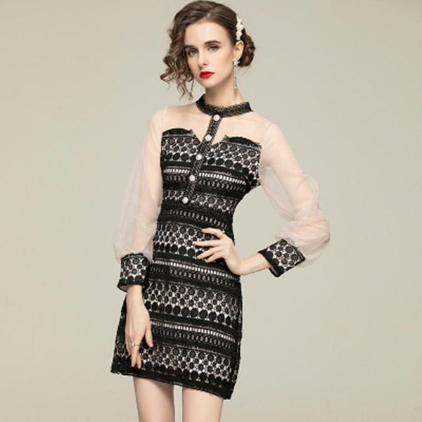 

women spring elegant lace splicing dress fashion party robe femme vintage mesh designer short vestidos casual dresses, Black;gray
