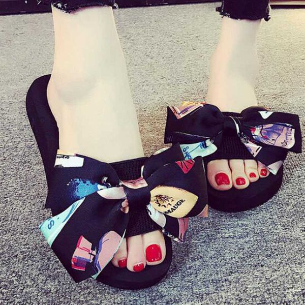

women bow summer sandals slipper outdoor flip-flops beach shoes flower slippers ladies flats sapatos mujer zsq20 210625, Black