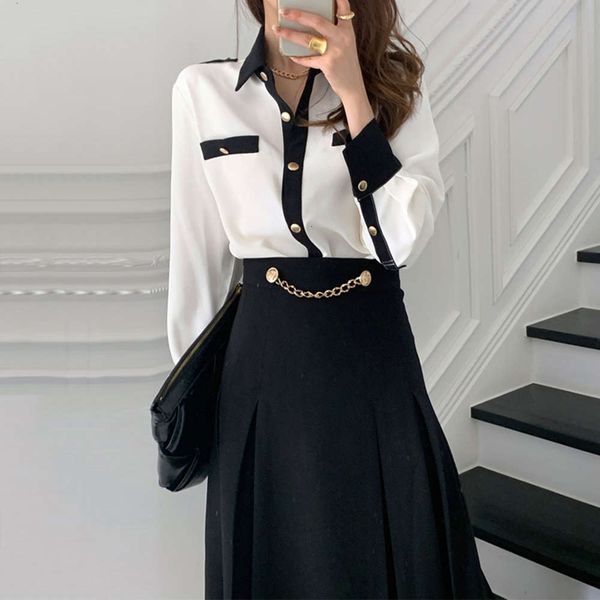

casual dresses dress women clotheselegant lapel black and white contrast long sleeve shirt + high waist chain decorative pleated xyzm, Black;gray