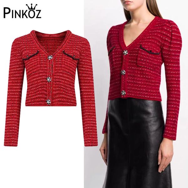 

runway designer plaid elegant buttons single breasted red cardigan knitting short long sleeve v-neck pockets chic sp 210421, White