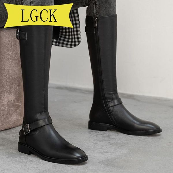 

boots big size 34-43 2021 genuine leather buckle zipper knee high autumn winter women long fashion shoes female, Black