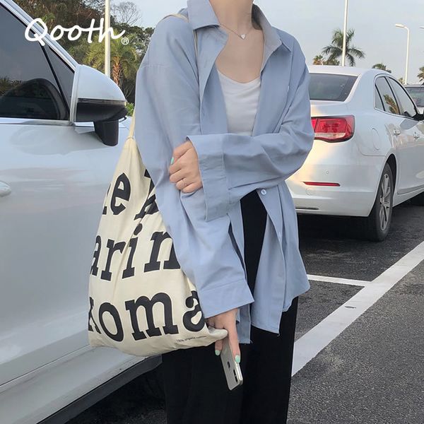 

qooth autumn women's loose blouse cotton women full sleeve long blouses o neck casual female irregular all match qt153 210518, White