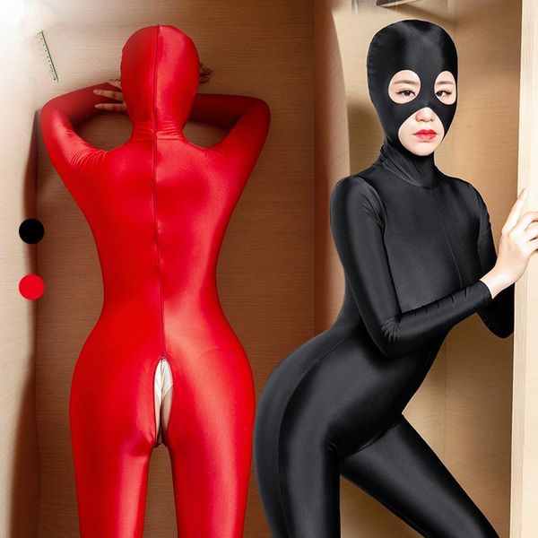 

women's jumpsuits & rompers zipper open crotch bodysuit women oil glossy masked full coat one-piece bodystocking tight high elasticity, Black;white