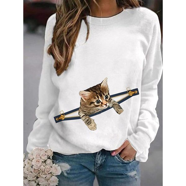 

little wild cat women's fashion 3d printing short slim t-shirt autumn long sleeve round neck basic casual, White