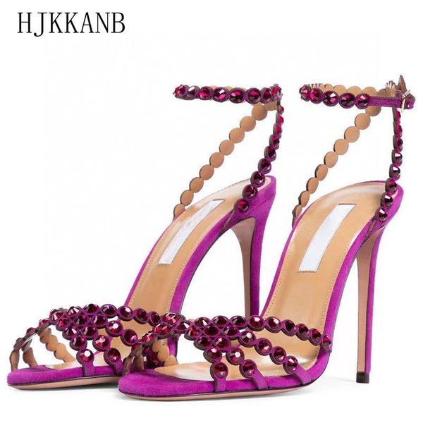 

sandals runway crystal decor thin heel women ankle strap narrow band buckle high sandalias summer party banquet shoes, Black