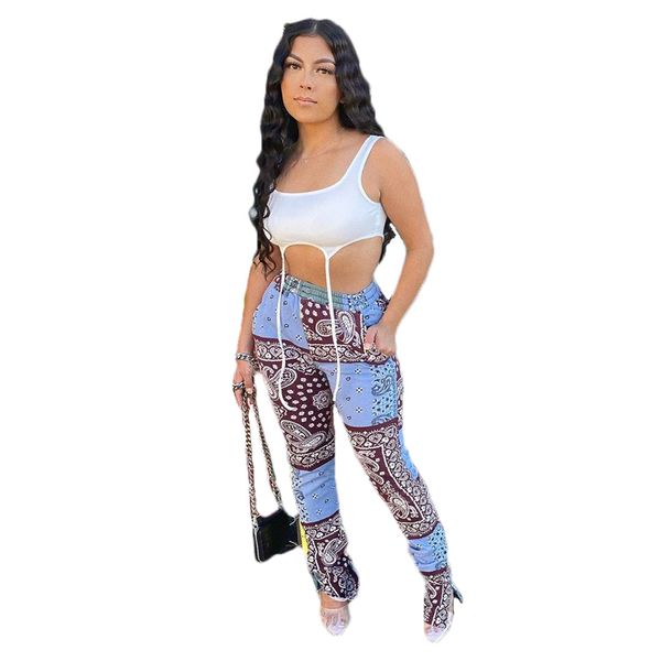 

sportswear women bandanna paisley printed tracksuit slit flare pants patchwork draped trousers sweatpants, Black;white