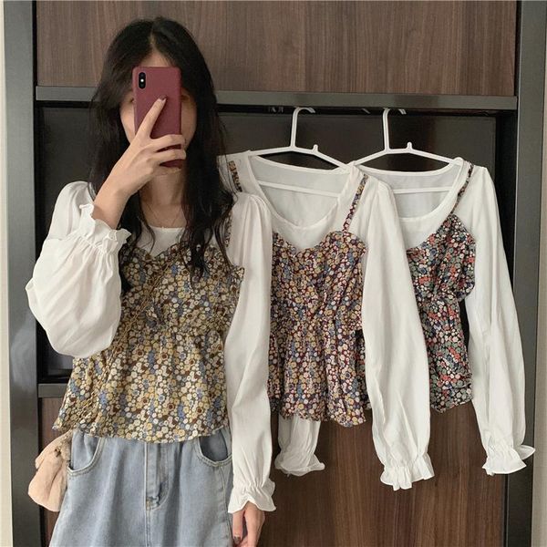 

women's blouses & shirts french sweet floral chiffon shirt women korean version long sleeve temperament fashionable fake two piece, White