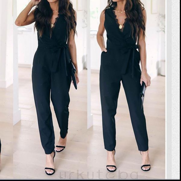 

playsuit sleevless lace spliced deep womens jumpsuit v neck solid color trousers ol clubwear summer, Black;white