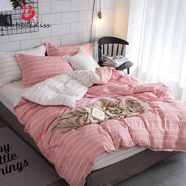 

bedding sets bubble kiss home comforter 2/3pcs striped design brushed duvet covers set with pillowcase washable pink quilt cover