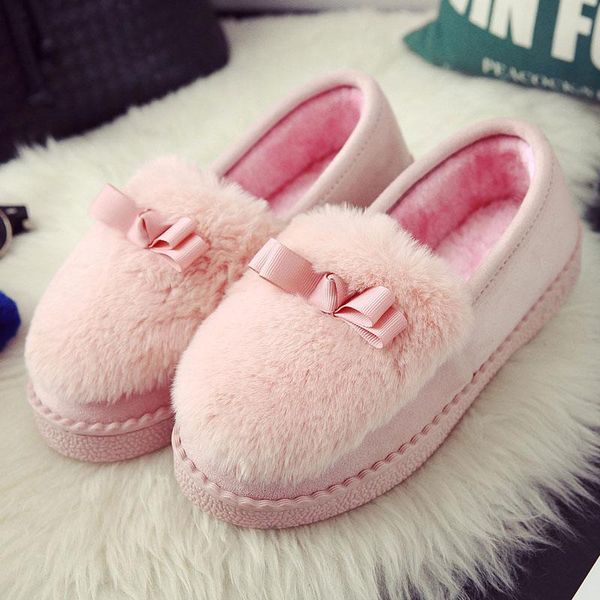 

slippers tzldn 2021 ladies plush lovely bowknot shoes autumn and winter home floor soft cotton warm non-slip outdoor flat, Black