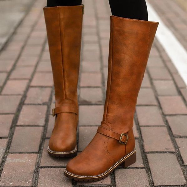 

women mid-calf boots fashion metal buckle women's leather footwear woman zip shoes ladies round toe wedges big size, Black