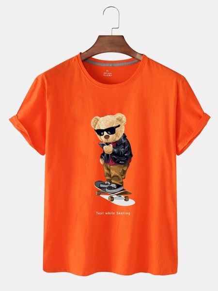 

summer arrival short sleeve pure cotton cartoon skateboard bear pattern printed loose lady's round neck t-shirt women's, White