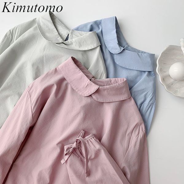 

kimutomo solid color shirt women summer korean fresh style peter pan collar long sleeve bow lace up loose elegant 210521, White