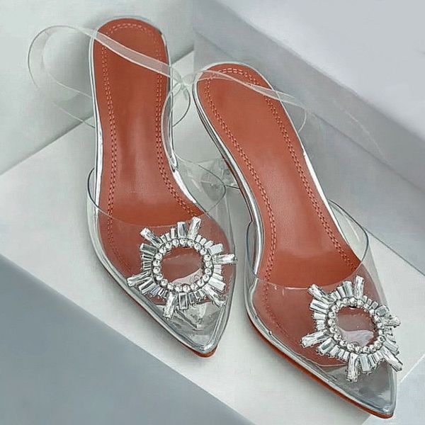 Scarpe eleganti da donna Sandali con fibbia a farfalla trasparenti in cristallo con fibbia a forma di sole Sandali con fibbia a farfalla Tacchi lucenti Scarpe con punta fine Scarpe da sposa Sandali con cinturino alla caviglia Tacco alto