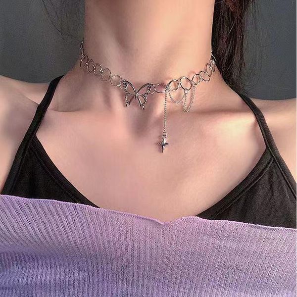 

chokers kpop butterfly choker y2k goth collar vintage women tassel cross necklace short grunge fairy core hollow chain kolye jewelry2021, Golden;silver