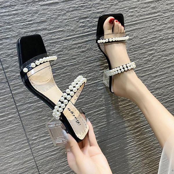 

pearl sandals fashion womens shoes 2021 summer heels all-match anti-skid square toe luxury girls block comfort low multicolo, Black