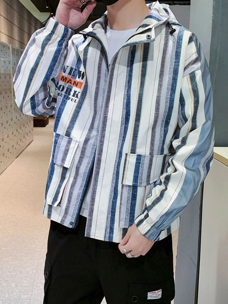 

men slogan graphic striped hooded jacket w5w5#, Black;brown