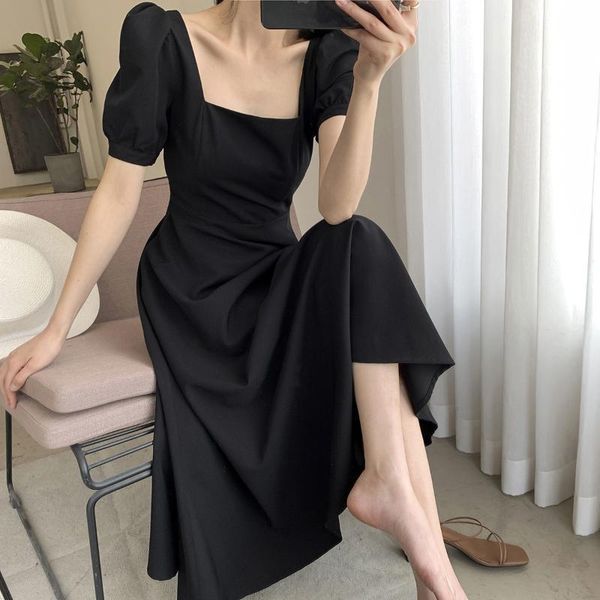 

casual dresses the black dress girl 2021 summer tea break temperament side led by knee-length hepburn style small, Black;gray