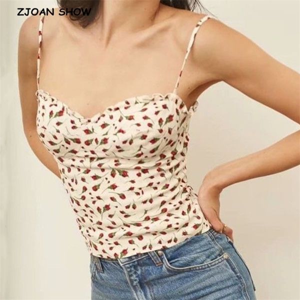 

harajuku rose floral print camis women summer spliced ruffles collar tank retro cool girl slim crop tees 210429, White