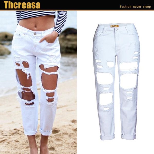 

women's jeans bf style irregular ripped straight denim women pants, Blue