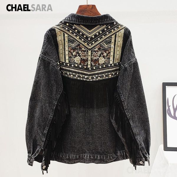 

women's jackets korean beading embroidery denim jacket women elegant tassel patch veste femme big size loose chaquetas mujer jeans fema, Black;brown