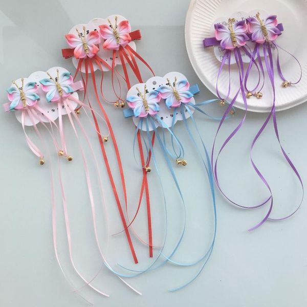 

hair accessories style and gradient color butterfly bells tassels streamers hairpins children's hanfu costume headdresses, Slivery;white