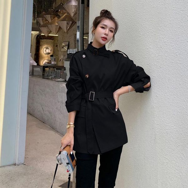 

women's trench coats korean design 2021 autumn windbreaker short style cropped jacket single breasted vintage coat, Tan;black