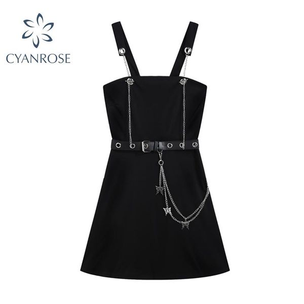 

casual dresses gothic punk style suspender dress women vintage black with mental chain belt female high waist party 2021 summer, Black;gray
