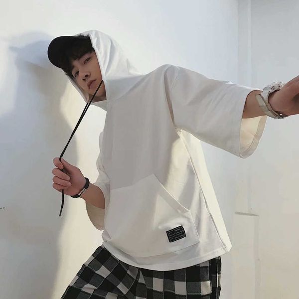 

w1292 spring t-shirt boys' and girls' hooded summer 5-point medium sleeve loose clothes 7-point sweater hoodie, White;black