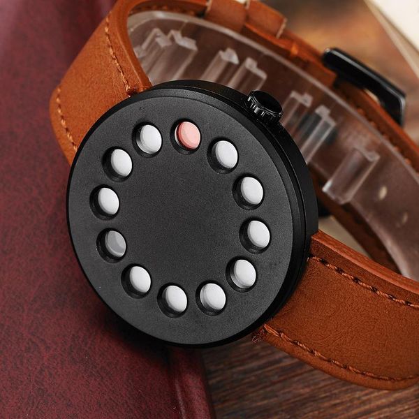 

wristwatches creative round watch men fashion turntable wrist watches novelty leather quartz-watch couple black brown unique clock, Slivery;brown