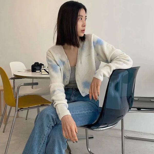 

women's knits & tees women v-neck tie dye knit cardigan a568, White