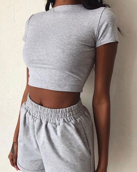 

new summer women short casual two piece clothing tracksuit pockets loose shorts set female o-neck casual sets, White