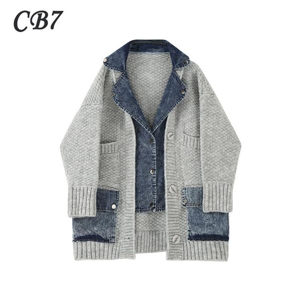 

women's jackets women knit cardigan vintage autumn 2021 korean denim stitching fake two pieces sweater piece lady long loose shirt, Black;brown