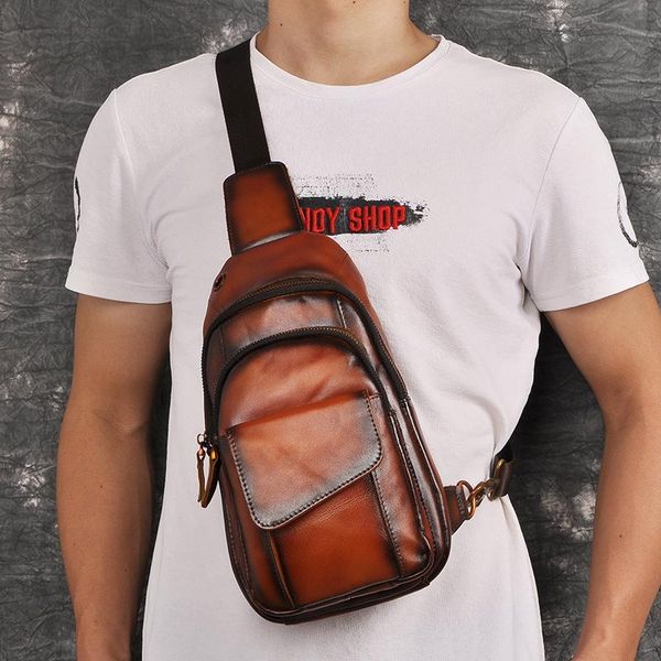 

men genuine leather chest bag retro soft zipper outdoor multi-functional 8-inch mobile phone pack shoulder waist bags