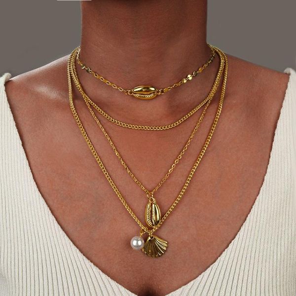 

pendant necklaces miss jq boho vintage shell necklace metal beads scallop women 2021 fashion seashell jewelry seaside leisure accessories, Silver