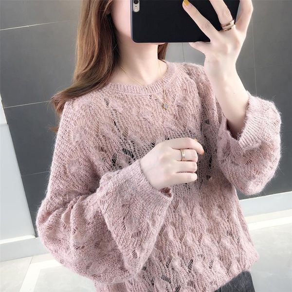 

solid color thin section loose hollow sweater female round neck long sleeve knitted bottoming pullover women spring women's sweaters, White;black