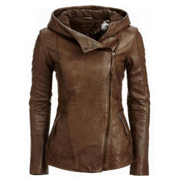 

fall female pu jackets fashion hooded long-sleeved solid color autumn women's leather locomotive coats bomber, Black;brown