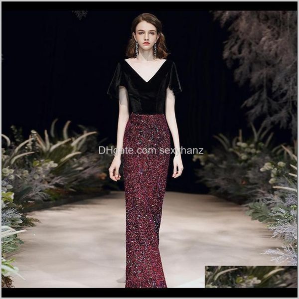 

runway dresses womens clothing apparel drop delivery 2021 deep v-neck veet sequin dress female red fishtail temperament noble dinner par, Black