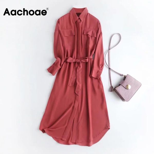 

casual dresses aachoae women elegant a line shirt dress with pockets office wear turn down collar sashes long sleeve midi, Black;gray