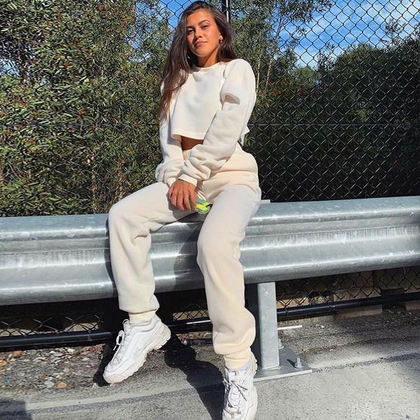

two piece dress winter tracksuits sets women solid long sleeve short hoodies loose pants suits outfits sporty set, White