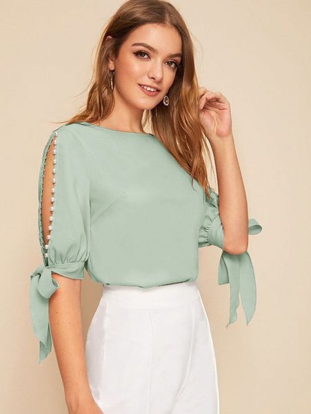 

faux pearl self-tie split sleeve p8gr#, White