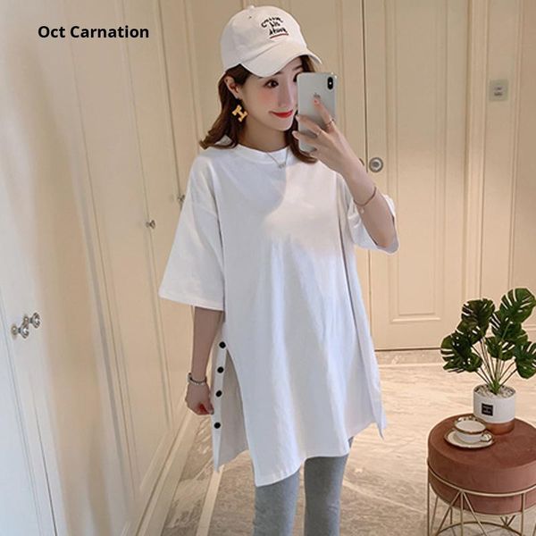 

maternity & tees pregnant women's plus-size mid-length button slit and loose t-shirts solid color short sleeve clothes 1707, White