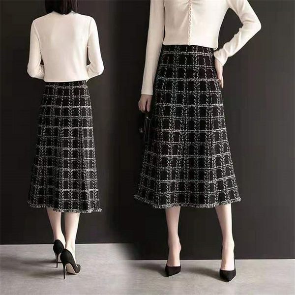 

skirts vintage winter black plaid tweed skirt women midi long high waist a-line knitted office ladies plus size slim work clothes