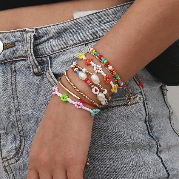 

charm bracelets 2021 multilayer colorful acrylic beads bracelet sets fashion handmade daisy flower imitation pearl wristband for women, Golden;silver