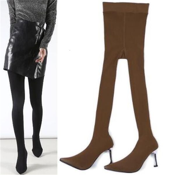 

boots spring brand woman black gray burgundy brown 8 cm thin heels elastic pointed toe pantyhose big size 43 lady s4d8